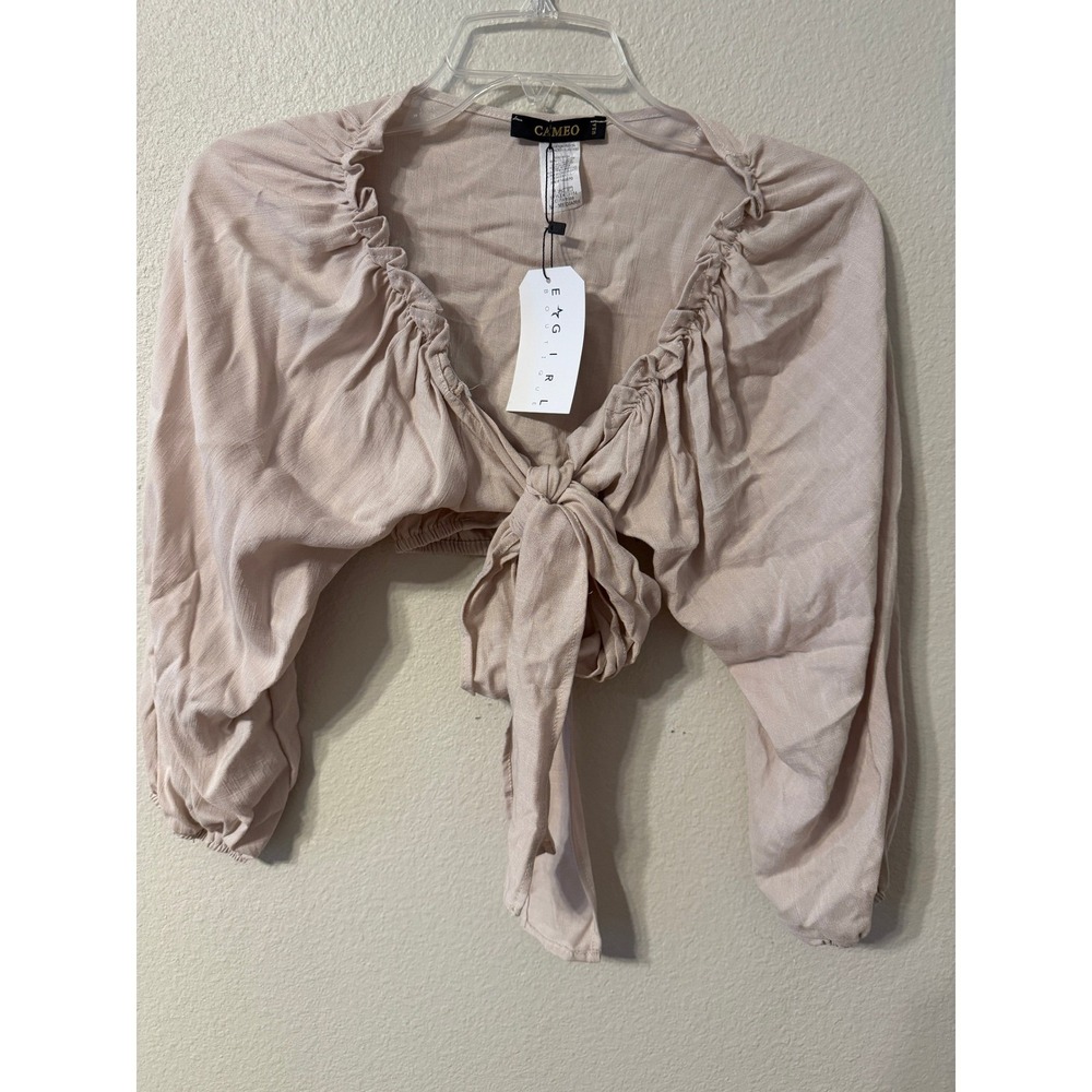 CAMEO USA Ruched Tie Front Long Sleeve‎ Crop Top Beige M